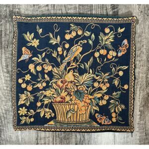 VTG Tapestry Pillow Sham Embroidered French European Bird Fruit Basket Finials